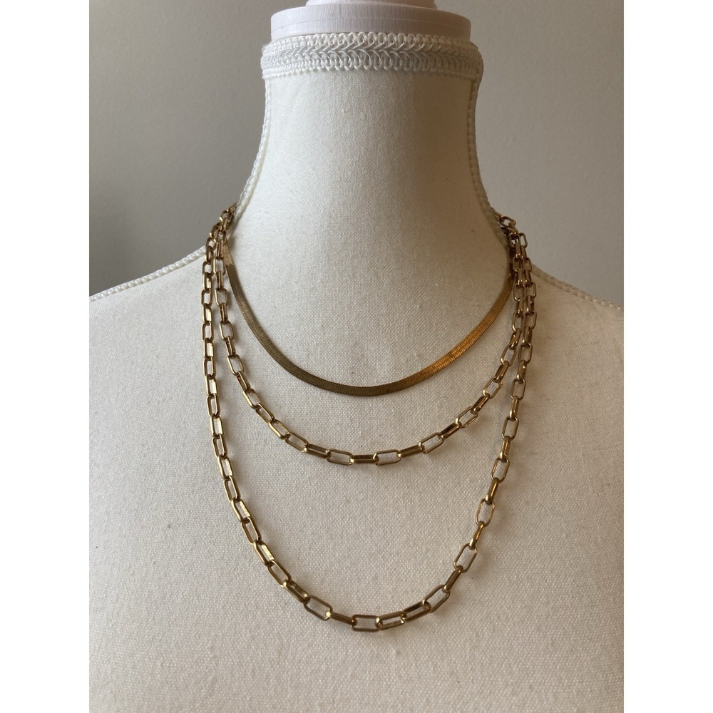 Gold Tone‎ Layered Necklace Herringbone Paperclip Chain Multi Strand Classic